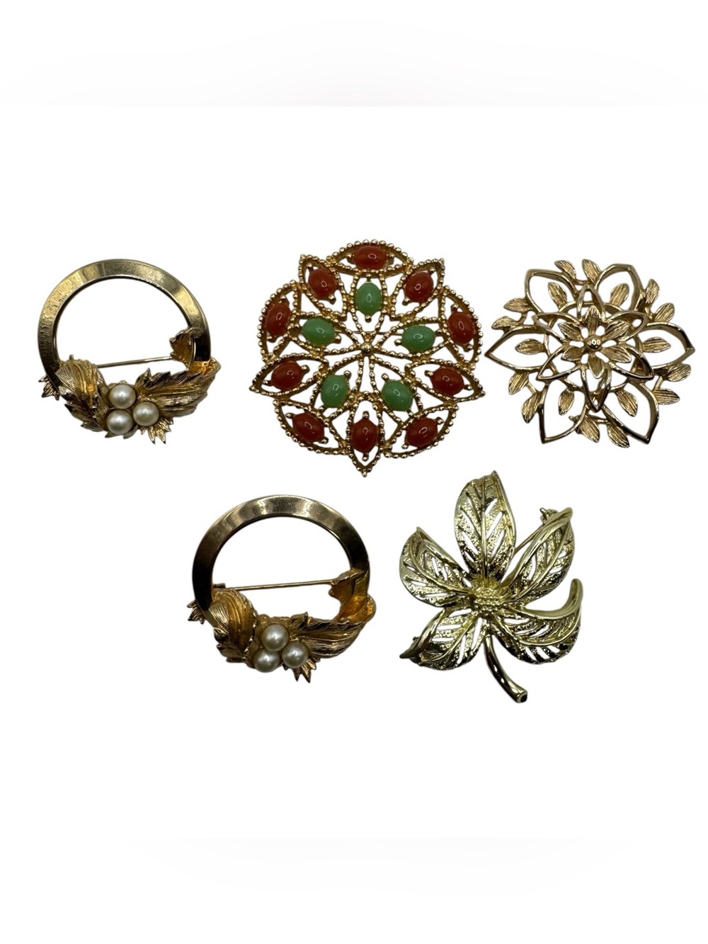 Vintage Sarah Coventry Brooch Lot Pearl Cabochon Maple Leaf Flower